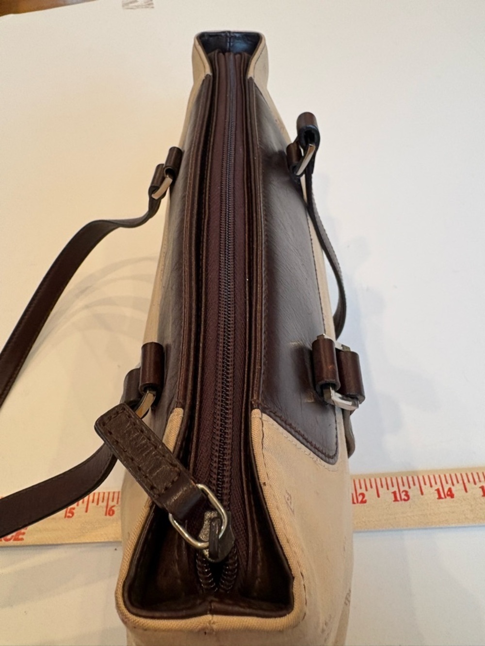 Ralph Lauren Cream Canvas Tote with Brown Leather Trim/inside is excellent - Picture 5 of 12